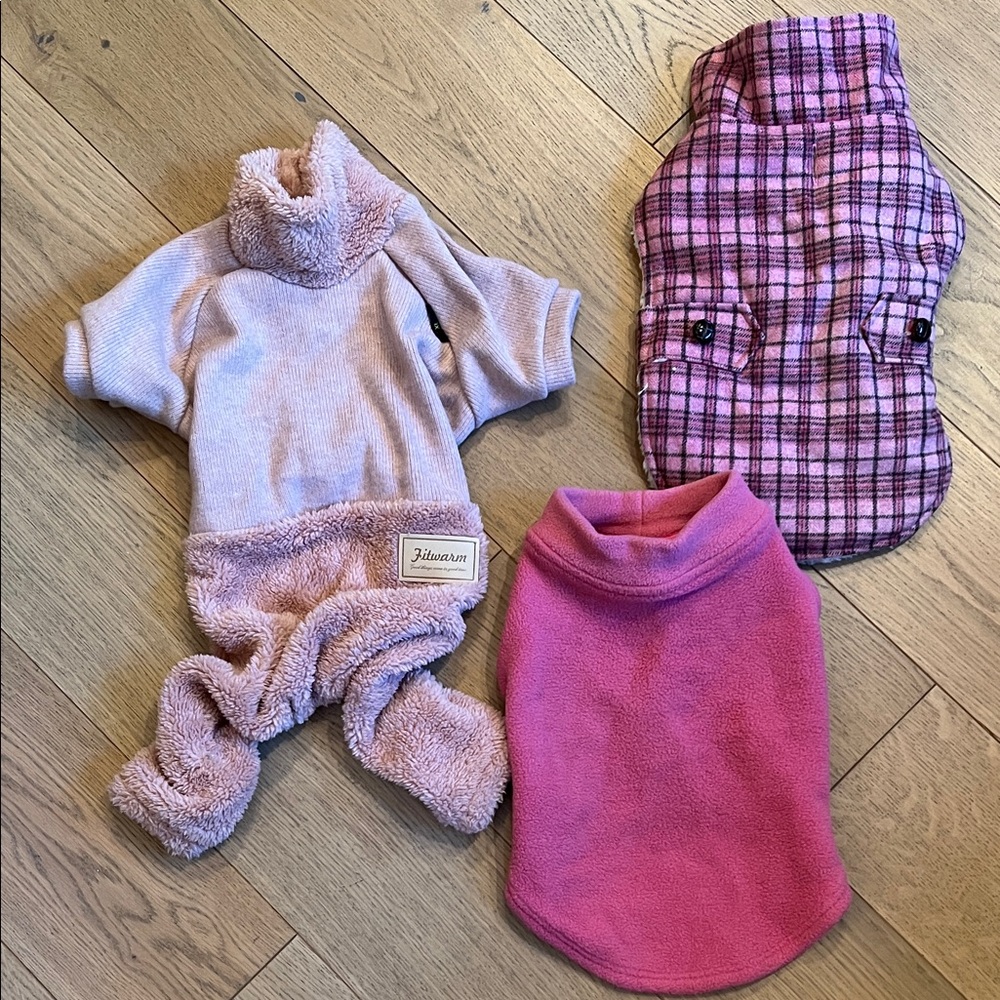 Set of 3 Doggie jackets and Jammies.